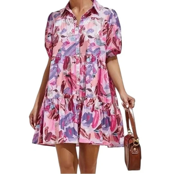 Pink multi colored Floral  Ruffle Hem Smock Dress,baby doll dress,Large,New - Picture 12 of 12